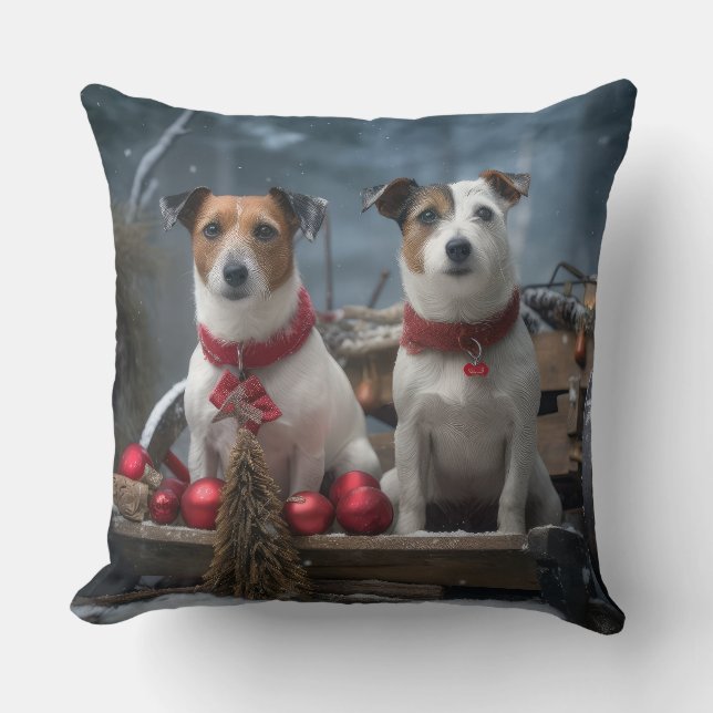 Jack Russell Snowy Sleigh Christmas Decor  Cushion (Front)