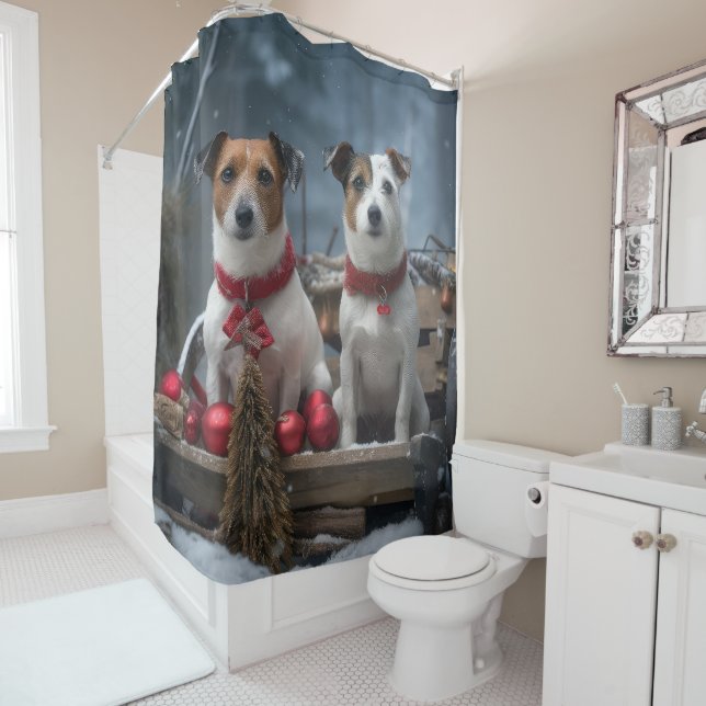 Jack Russell Snowy Sleigh Christmas Decor  Shower Curtain (In Situ)
