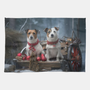 Jack Russell Snowy Sleigh Christmas Decor  Tea Towel