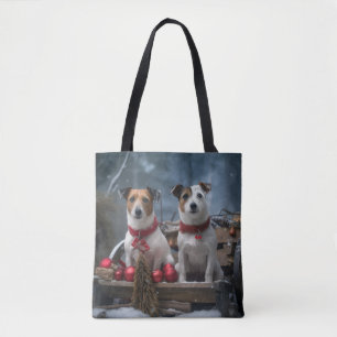 Jack Russell Snowy Sleigh Christmas Decor Tote Bag