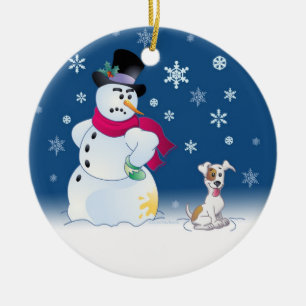 Jack Russell Terrier and Snowman Ceramic Tree Decoration