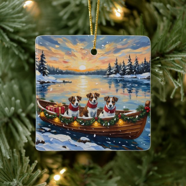 Jack Russell Terrier Christmas Boat Holiday Ceramic Ornament (Tree)