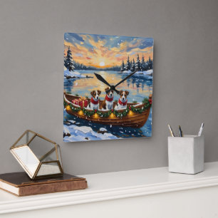 Jack Russell Terrier Christmas Boat Holiday Square Wall Clock