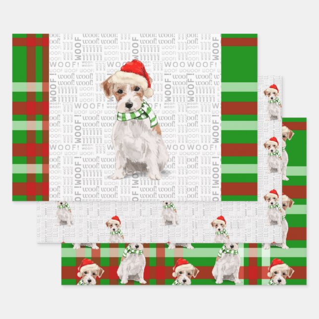 Jack Russell Terrier Christmas Dog Plaid Wrapping Paper Sheet (Set)