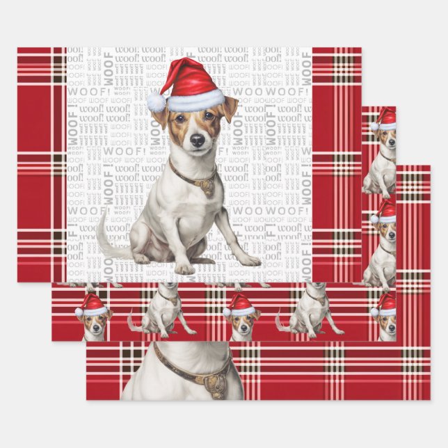 Jack Russell Terrier Christmas Dog Red Plaid Wrapping Paper Sheet (Set)