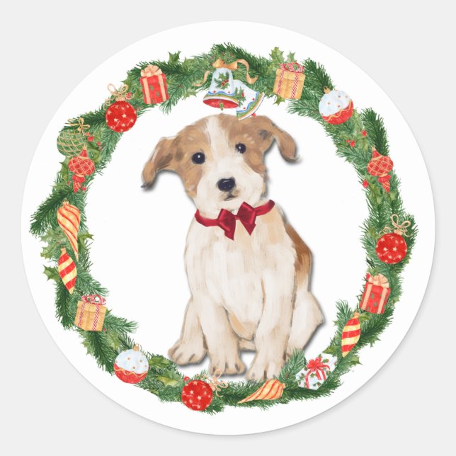 Jack Russell Terrier Christmas Ornament Wreath Classic Round Sticker (Front)