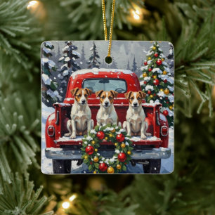 Jack Russell Terrier Christmas Red Truck Holiday Ceramic Ornament