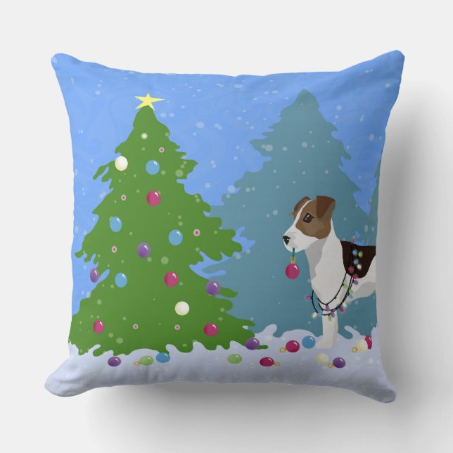 Jack Russell Terrier Decorating Christmas Tree Cushion (Front)
