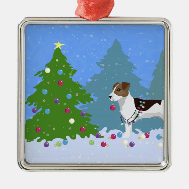 Jack Russell Terrier Decorating Christmas Tree Metal Tree Decoration (Front)