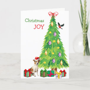Jack Russell Terrier Dog, Bird and Christmas Tree Holiday Card