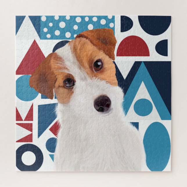 Jack Russell Terrier Dog Blue and Red Geometric  Jigsaw Puzzle (Vertical)