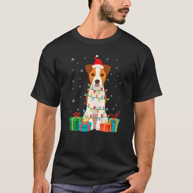 Jack Russell Terrier Dog Christmas Tree Lights Pup T-Shirt (Front)