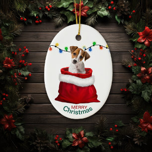 Jack Russell Terrier Dog in Holiday Gift Bag Ceramic Tree Decoration