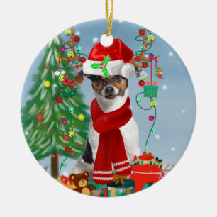 Jack Russell Terrier Dog in Snow Christmas Gifts   Ceramic Tree Decoration