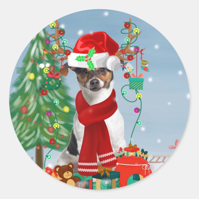 Jack Russell Terrier Dog in Snow Christmas Gifts   Classic Round Sticker (Front)