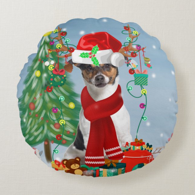 Jack Russell Terrier Dog in Snow Christmas Gifts   Round Cushion (Front)
