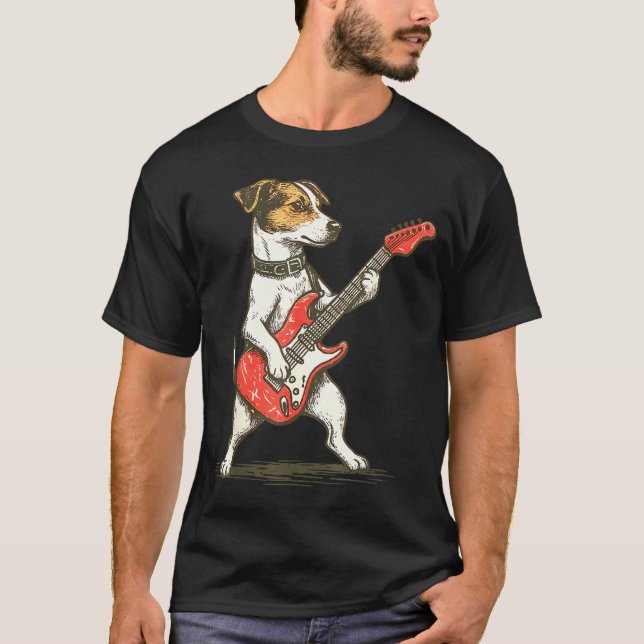 Jack Russell Terrier Dog Playing Guitar Rocker Gui T-Shirt (Front)