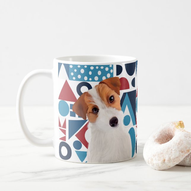 Jack Russell Terrier Dog Red and Blue Geometric  Coffee Mug (With Donut)