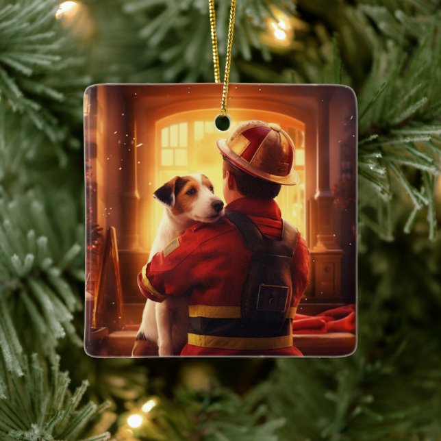 Jack Russell Terrier Fireman, Puppy, Pet Dog Lover Ceramic Ornament (Tree)