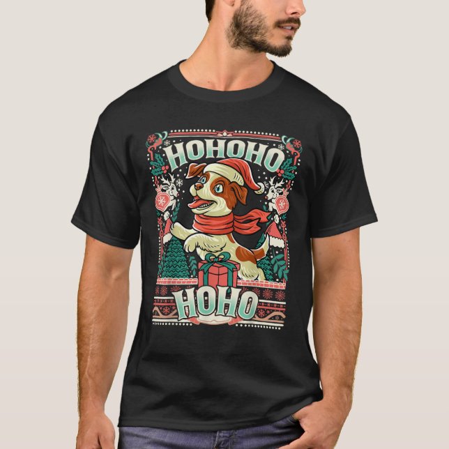 Jack Russell Terrier Ho Ho Ho Christmas Santa Clau T-Shirt (Front)