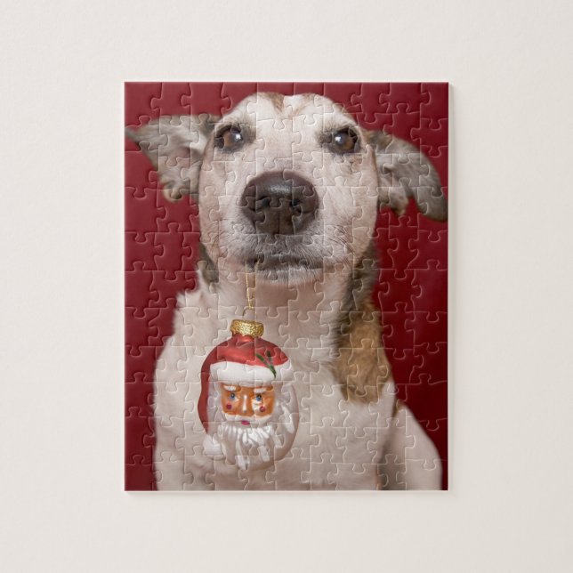 Jack Russell Terrier Holding Christmas Ornament Jigsaw Puzzle (Vertical)