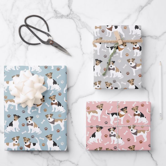 Jack Russell Terrier Paws and Bones Wrapping Paper Sheet (Front)