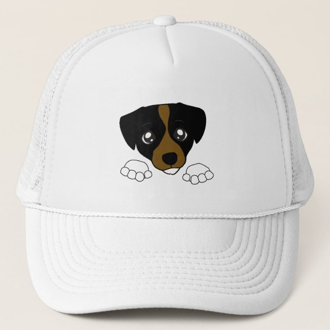 jack-russell-terrier peeking tri trucker hat (Front)