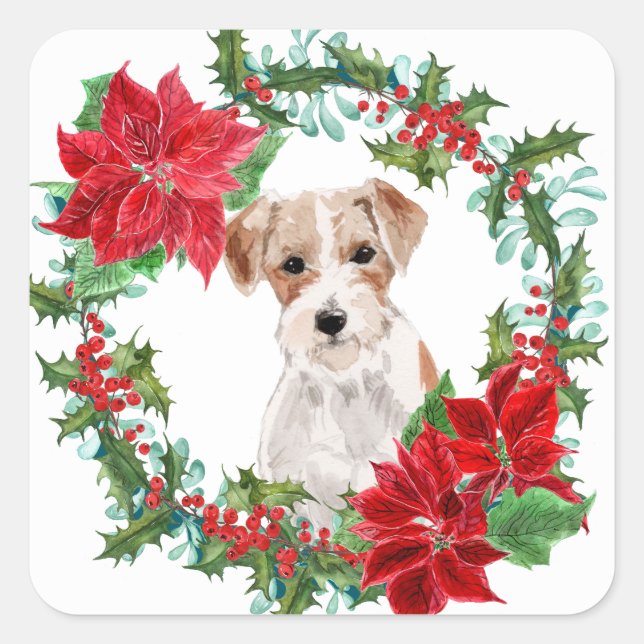 Jack Russell Terrier Poinsettia Christmas Wreath Square Sticker (Front)