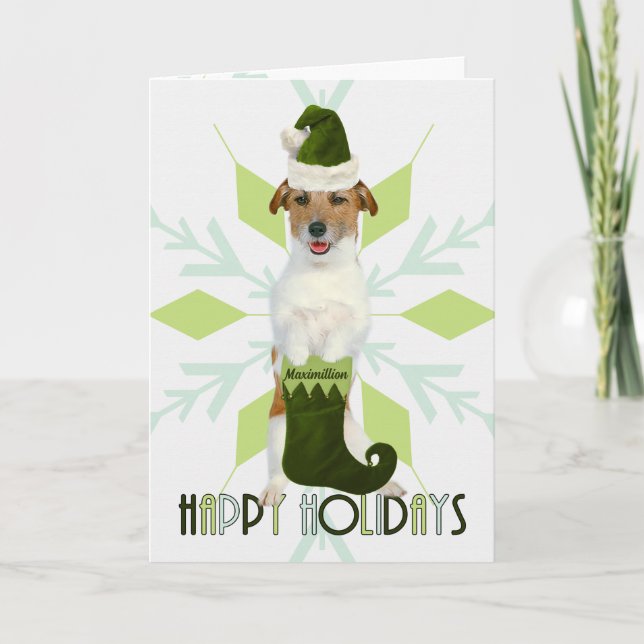 Jack Russell Terrier Santa Dog | Green Christmas Holiday Card (Front)