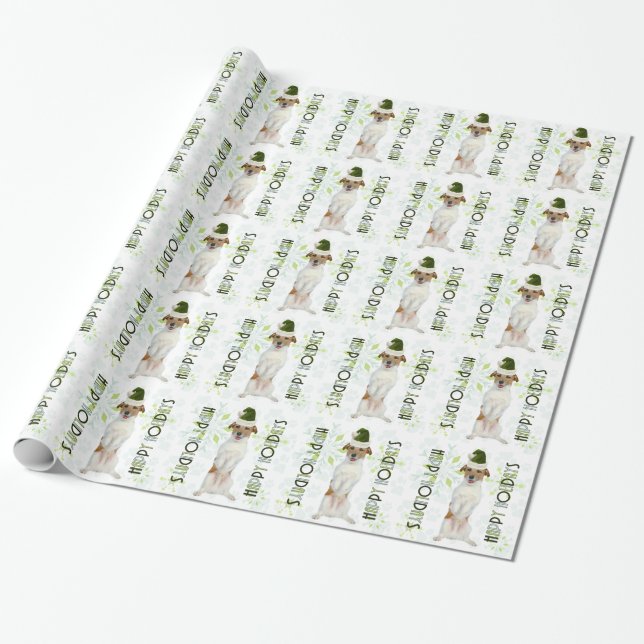 Jack Russell Terrier Santa Dog Green Christmas Wrapping Paper (Unrolled)