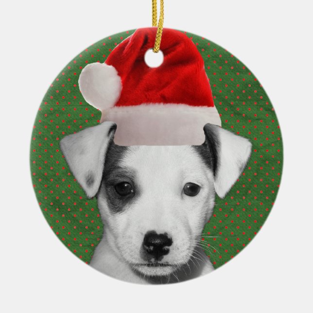 Jack Russell Terrier Santa puppy Ceramic Tree Decoration (Front)
