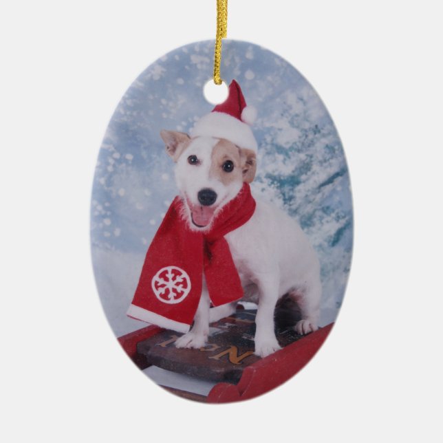 Jack Russell Terrier - Santa's helper Ceramic Tree Decoration (Front)