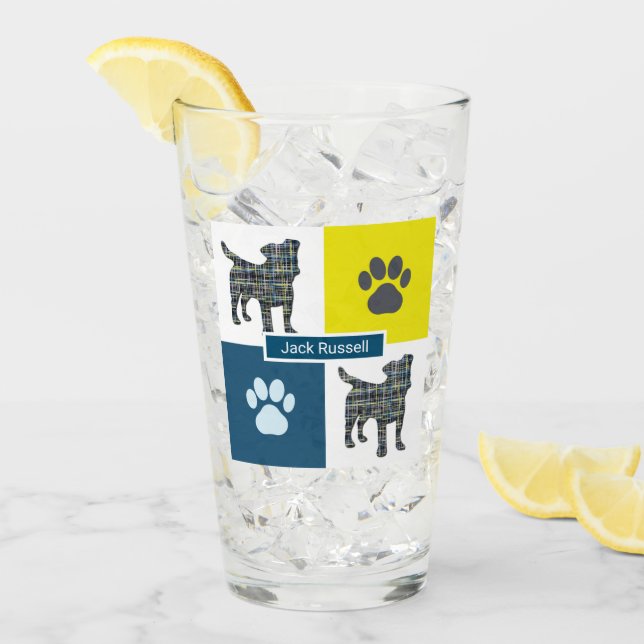 Jack Russell Terrier Silhouette Dog & Paw Y&B Grid Glass (Front Ice)