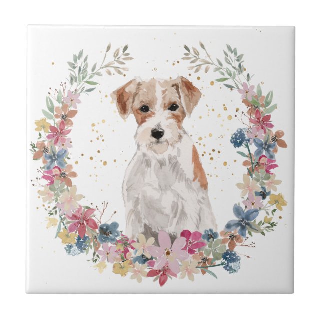Jack Russell Terrier Spring Flowers Wreath Tile (Front)