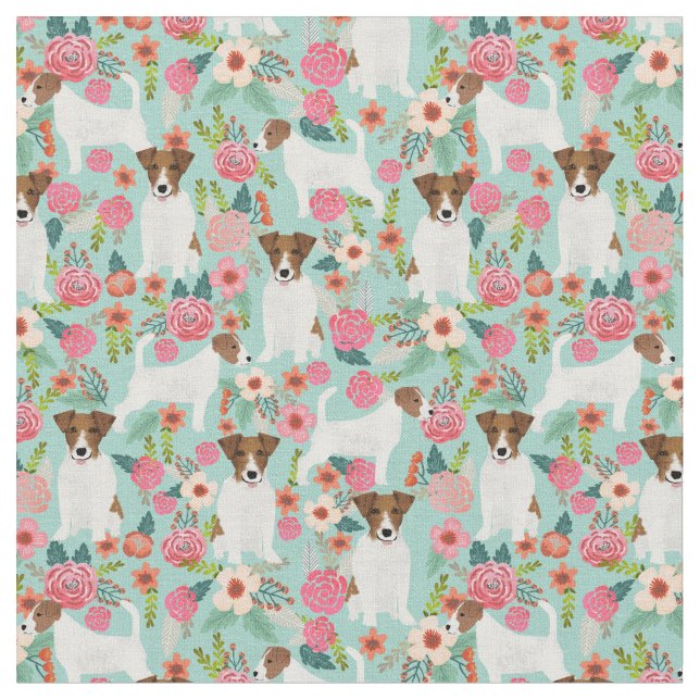 jack russell terrier vintage florals mint fabric (Close Up)