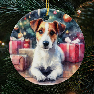 Jack Russell Terrier Watercolor Scene Christmas Ceramic Tree Decoration