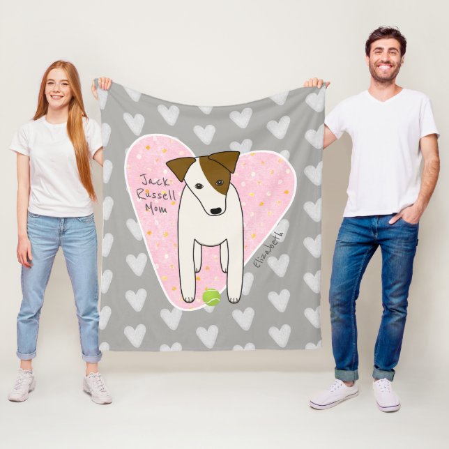 Jack Russell w tennis ball heart dog mum grey pink Fleece Blanket (In Situ)