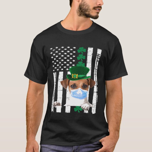 Jack Russell Wearing A Face Mask Flag Shamrock Gif T-Shirt (Front)