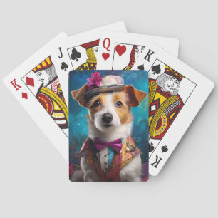 Jack Russell, white hat, pink flower Playing Cards