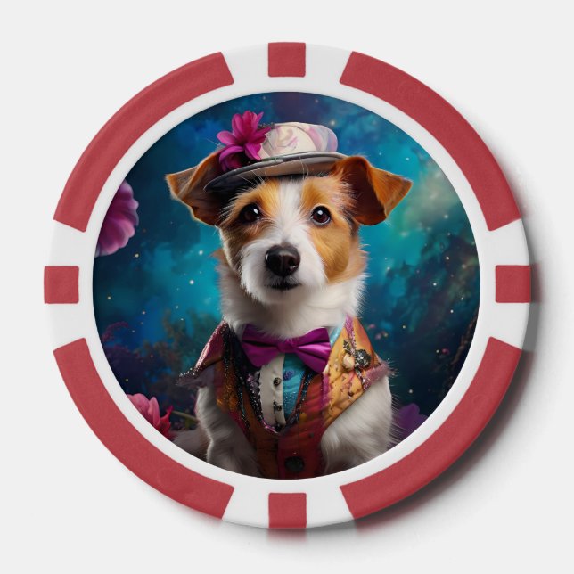 Jack Russell, white hat, pink flower Poker Chips (Front)