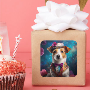 Jack Russell, white hat, pink flower Square Sticker