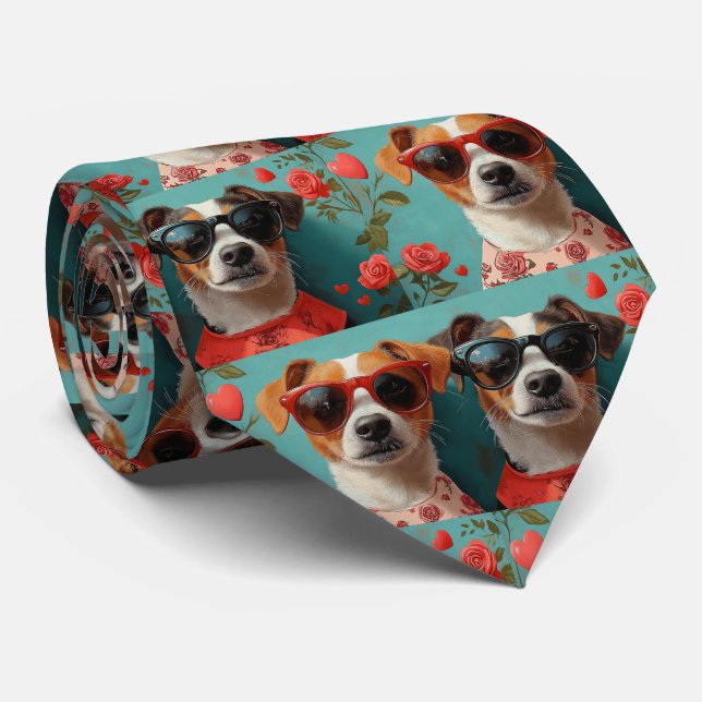 Jack Russell With Heart Roses Valentine's Day Tie (Rolled)