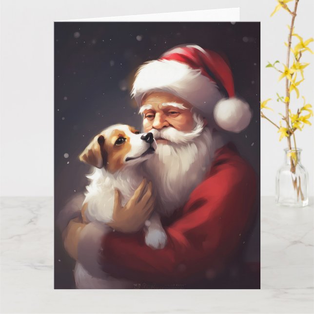 Jack Russell With Santa Claus Festive Christmas Card (Yellow Flower)