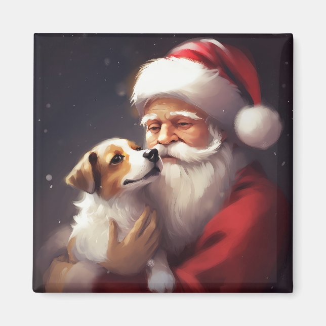 Jack Russell With Santa Claus Festive Christmas Magnet (Front)