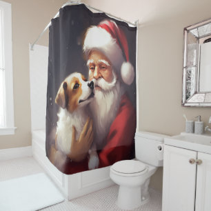 Jack Russell With Santa Claus Festive Christmas Shower Curtain