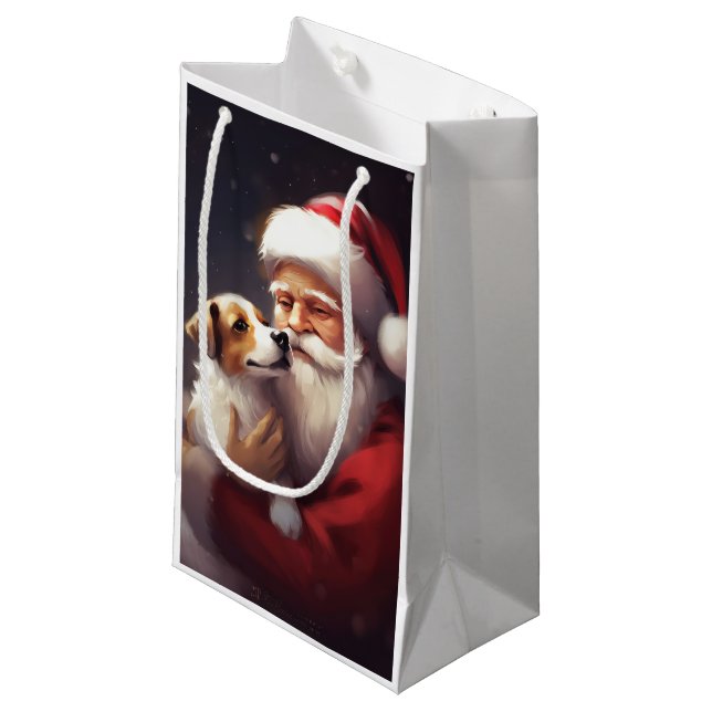 Jack Russell With Santa Claus Festive Christmas Small Gift Bag (Front Angled)