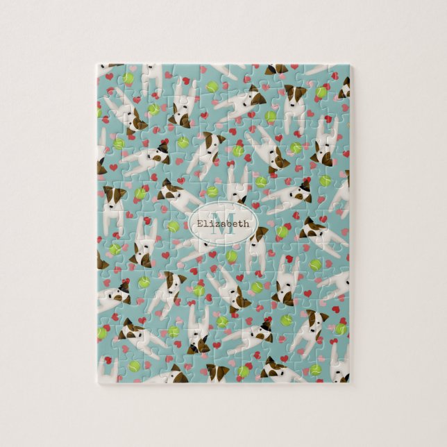 Jack Russells tennis balls hearts cute dog pattern Jigsaw Puzzle (Vertical)