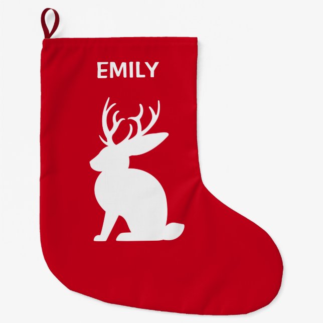 Jackalope: Rabbit with Antlers in Silhouette Large Christmas Stocking (Front)