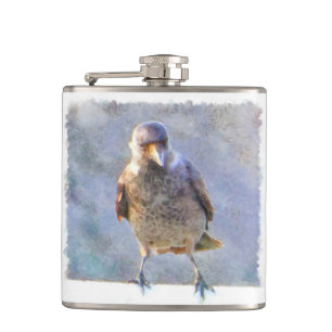 Jackdaw Watercolor Hip Flask