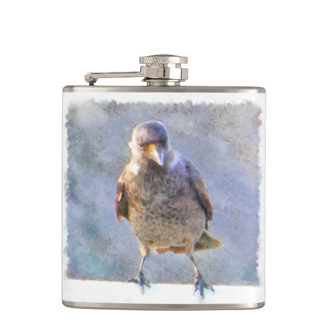 Jackdaw Watercolor Hip Flask (Front)
